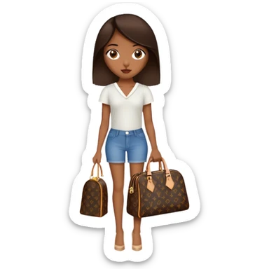  Brown girl with dark brown medium straight hair carrying one Louis Vuitton purse on her arm while standing  sticker
