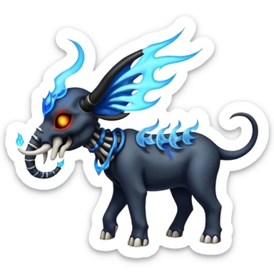 Skull-faced skeletal elefant pretty handsome Fiery black and white blue flames solarpunky elemental colorful hot will-o-wispy Houndoom-Torracat-Genesect-Pokémon-Fakémon-hybrid-creature sticker