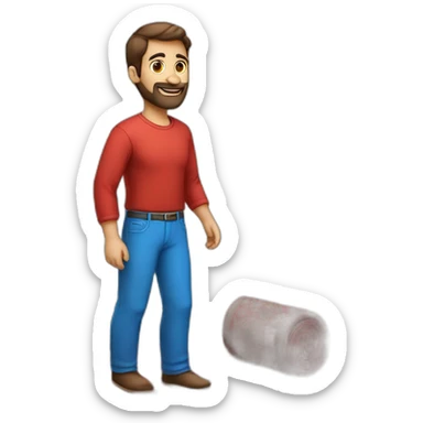 A man with a red shirt and blue pants and mesh shoes with a Persian carpet in his hand sticker