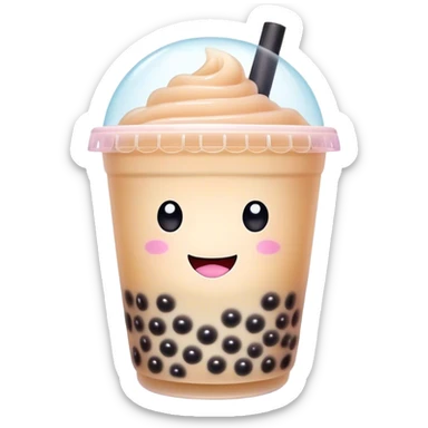 Cinematic pastel-colored bubble tea, chubby cup with a smiling face, tiny black tapioca pearls peeking out, soft glowing background, playful and adorable. sticker