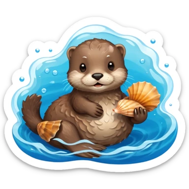 adorable otter floating on clearly visible blue water with waves, holding a shell sticker