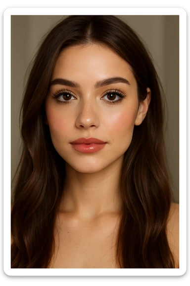 portrait of a pretty girl with long brown hair, long lashes, brown eyes, nude lip liner, highlighter, blush, and lip gloss, soft lighting, natural makeup look sticker
