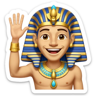 Animated sticker of a funny Ancient Egyptian Pharaoh laughing and energetically waving his hand, welcoming new members, cartoonish style, colorful with shiny gold details, expressive face, small and clear for Discord use, playful and lively motion.
 sticker
