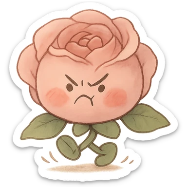 soft pink rose flower with puffed cheeks and an angry pouty face, stomping adorably, pastel tones, chibi round shape, soft Ghibli style sticker