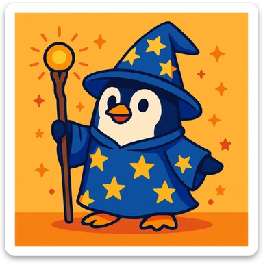 a penguin wizard with a starry robe and a magic staff, vibrant cartoon style sticker