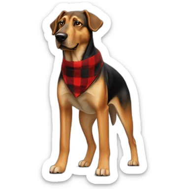 adult 75% Coonhound 25% German Shepherd mix dog with visible tail wearing small pointed red buffalo plaid bandana full body walking left quickly sticker