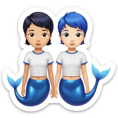 tanned skin, black haired, sibling mermaids, one with short hair and the other with pixie cut. both wearing t shirts with blue tails sticker
