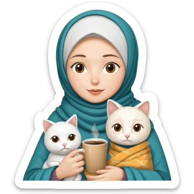 hijap bayan elinde kahve ve battaniyesi ve kucagında beyaz kedi sticker