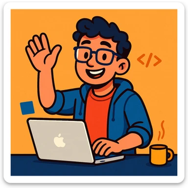 a young developer working on a MacBook, looking up and waving with a friendly smile, casual modern style, clear facial expression, digital art sticker