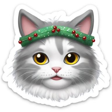 Grey and white fluffy cat with a Christmas headband  sticker
