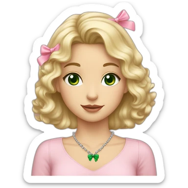 Blonde wavy girl with brown eyes carrying a grey cat that has green eyes and a pink bow in her necklace sticker