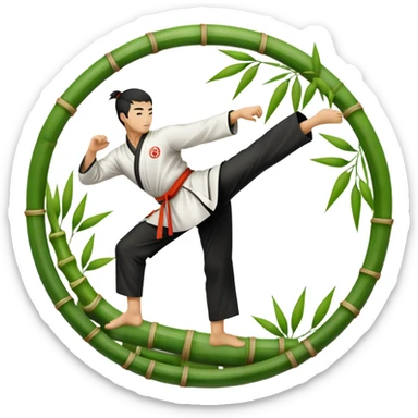 An icon symbolizing Eastern martial arts in the style of an emblem, with a black-and-white Yin-Yang symbol at the center. The design shows a martial artist performing a graceful kick, surrounded by bamboo and traditional elements. Transparent background emphasizes balance and harmony. sticker