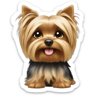 A small Yorkshire Terrier with fluffy golden-fur, black back, round face, perky ears, dark eyes, a small nose, and often a top bow or hair tie. Name Molly sticker
