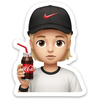 generate a pretty bratz boy with a nike black baseball cap, a white tshirt and drinking coke  sticker