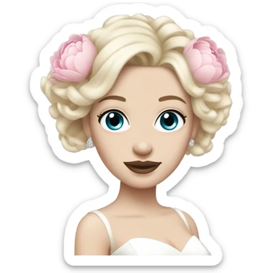 White bride with long light blonde hair and blue eyes with light pink peonies in hair white skin  sticker