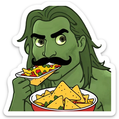 ripped guy with his shirt off and long hair and mustache eating nachos sticker