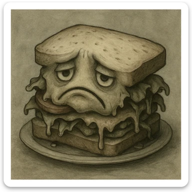 a sandwich looking gloomy with a frowning face, soggy ingredients, muted tones sticker