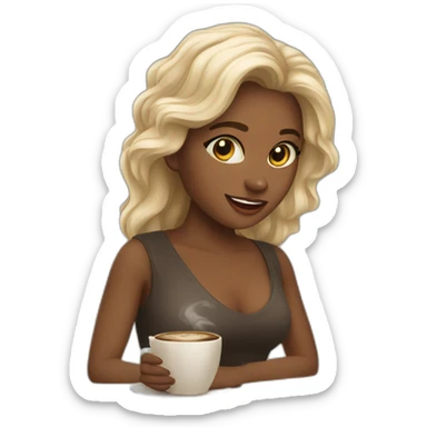 Mujer blana y joven con cabello melena con MacBook y un cafe sticker