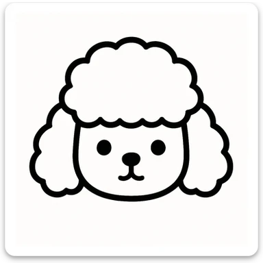 kawaii minimalist cartoon dog head inspired by poodle with round, fluffy head, curly droopy ears, wide-set dot eyes, tiny round nose, upside-down 'Y' mouth. thick, bold black lines only, white background, no color or shading. calm, gentle, symmetrical, and cozy. slight hand-drawn feel, very polished, perfect for stickers or coloring books. sticker