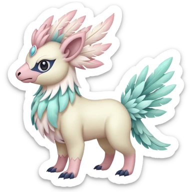 Floral feathery pastel pink beige seafoam-colored Absol-Amaura-fusion-Fakemon-animal-creature  sticker