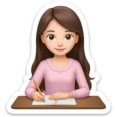 pretty smiling long brunette hair girl with hazel eyes wearing light pink dress writing sticker