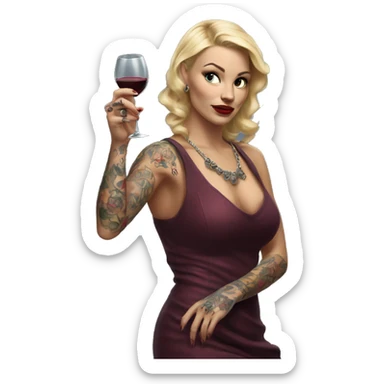 Blonde elegant women, her Body Covered with Tattoos, Wine in her ONE Hand, Pointing Forward with her Other Hand , Hyper realistic sticker
