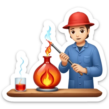 Glassblowing and casting icon, molten glass being shaped into a delicate object with a blowpipe, glowing red-hot glass being poured into a mold, unfinished glass sculpture, minimalistic style, clean lines, transparent background. sticker