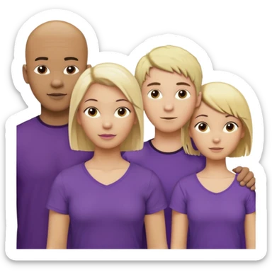 5 person team; 2 men and 3 women.  All dressed in yellow or purple.  1 caucasian woman with blonde mid length hair. 1 caucasian woman with blonde short length hair. 1 caucasian woman has ash blonde hair tied up. 1 man is African-american and bald, 1 man is caucasian and very little hair left.  
 sticker
