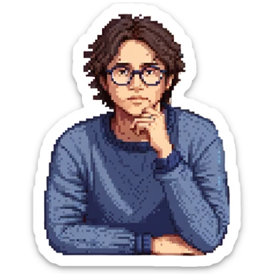 Flat pixel are, calm and curious male thinker, light skin, short tousled dark hair, round glasses, focused expression, wearing an indigo sweater, seated at a desk with open books, one hand resting under his chin in thought, waist-up, front-facing sticker