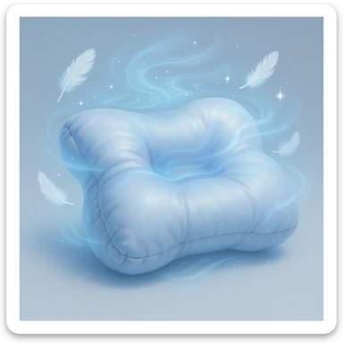 magical ethereal pillow shimmering with cool silver and icy blue light, swirling gently like mist, soft airy feathers floating around it glowing with tiny sparkles, soothing frost aura radiating from the pillow symbolizing refreshing coolness, waves of gentle supportive energy cradling a person's neck and head banishing pain like an enchanted spell creating peaceful dreamy sleep under a starlit sky sticker