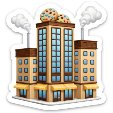 Skyscraper-style cookie factory with multiple floors, glass windows showing cookie production, rooftop steam vents, emoji-style sticker
