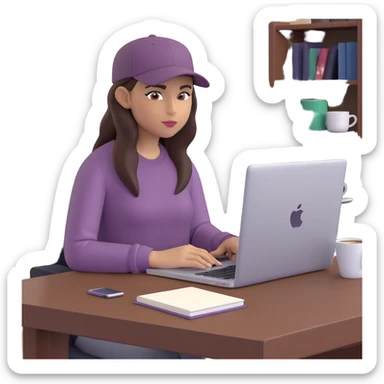 young woman with olive skin and long, dark brown hair, wearing a long-sleeved dark mauve shirt. She is wearing a black baseball cap.. She's sitting at a sleek wooden desk with a hardcover book, and to her right is a white coffee mug, while she looks and types on a silver MacBook.  sticker
