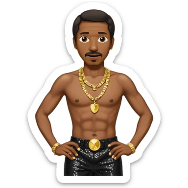 Ike Turner with black sequin baggy pants, shirtless with necklace sticker