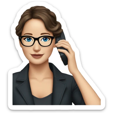 Realistic Photo of Brunette Jennifer Lawrence wearing black glasses and blue eyes talking on the phone  sticker