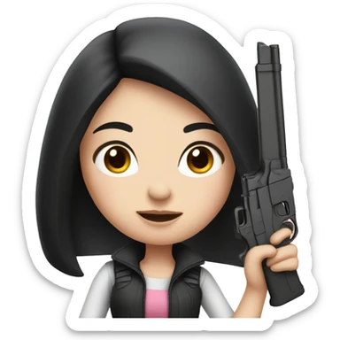 girl with black hair and pale skin holding a pink gun sticker