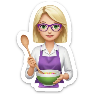 middle aged woman with shoulder length blonde hair, purple glasses, green eyes, flower apron, holding a bowl and mixing spoon sticker