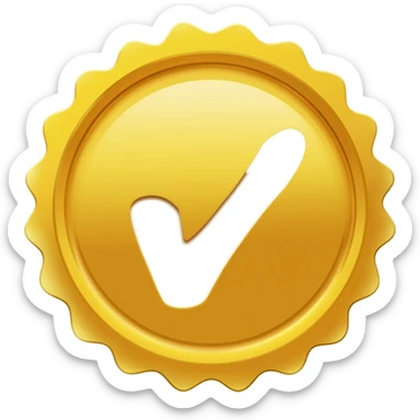 golden quality seal emoji, round badge with scalloped edges, gold color, white check mark in the center, flat emoji style, simple vector, transparent background sticker