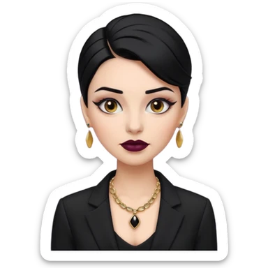 “Emoji girl, sculpted contour, bold dark lipstick, defined brows, sharp eyeliner, sleek black hair updo, statement necklace, black blazer.” sticker