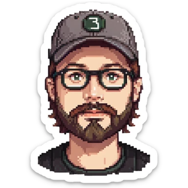 adventurer with goatee beard (no beard on cheeks), short hair, glasses and backwards baseball cap sticker