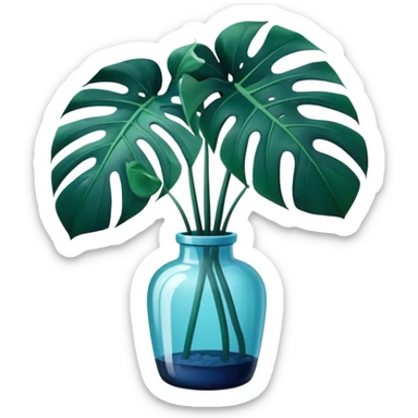 Aesthetic monstera flower in deep bottle green color in a beautiful blue pot sticker