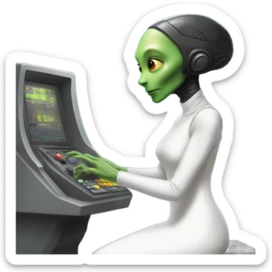  a Reptilian alien woman, in white dress, use a drive console sticker
