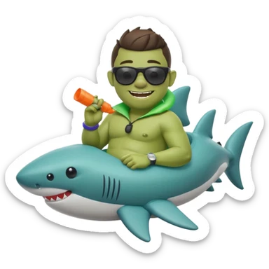 orc male sitting in an inflatable floatie shaped like a shark, wearing oversized sunglasses and a whistle on a neck cord, 2d sticker