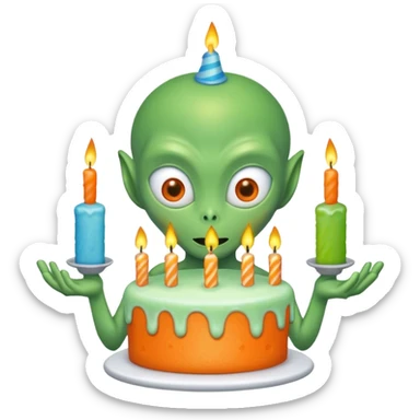 alien holding a birthday cake sticker
