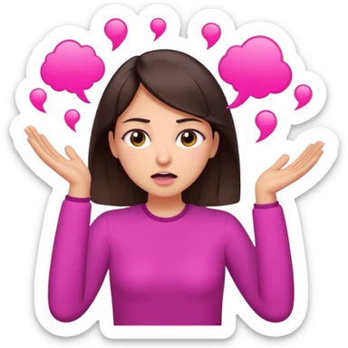Social media manager. She has dark brown hair, brown eyes, exhaling deeply, hands slightly raised showing frustration. Use vibrant colors with a focus on pink and fuchsia tone sticker