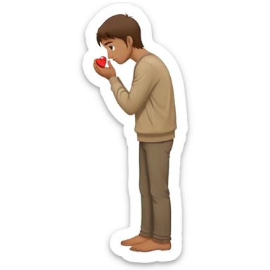 a man with brown hair staying in a
full height in profile with anxiety and begging face with a broken heart sticker