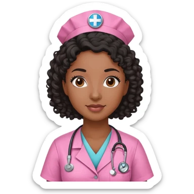 Black woman nurse brown skin pink scrubs with rn badge curly black hair  sticker