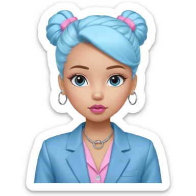 generate a pretty bratz girl wearing a light blue full sleeve shirt, silver small hoops, pink lipgloss, black blazer, hair tied up sticker