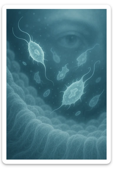 A detailed macro-style image of a translucent human intestinal wall under extreme magnification. Floating nearby are multiple protozoa — small, semi-transparent, shapeshifting organisms with flagella or cilia, glowing faintly under the microscope. In contrast, a faded overlay silhouette of a human eye is shown in the background, symbolizing how these organisms are invisible to unaided vision. The scene is softly lit with cool bluish tones, evoking a clinical and microscopic atmosphere. Focus is hyper-sharp on the protozoa, with blurred organic tissue textures in the background. Educational yet haunting, it shows how much remains unseen inside the body sticker