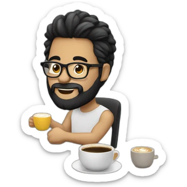 Designer with black hair, beard and glasses working with MacBook and drinking cappuccino  sticker