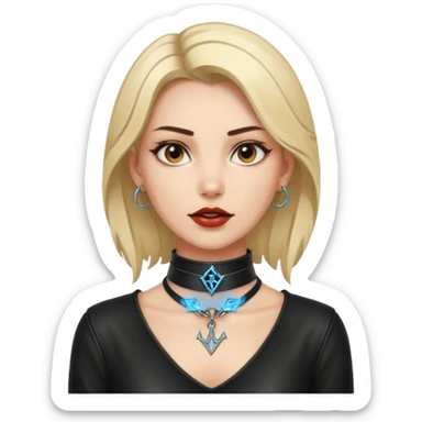 Leather choker with sigil around woman’s neck, pulse visible, dominance tone sticker